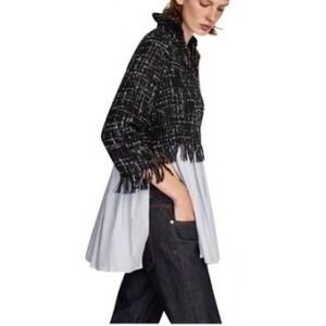 Zara Basic Blue Black Tweed Fringe Poplin Tunic Top Blouse Size Large